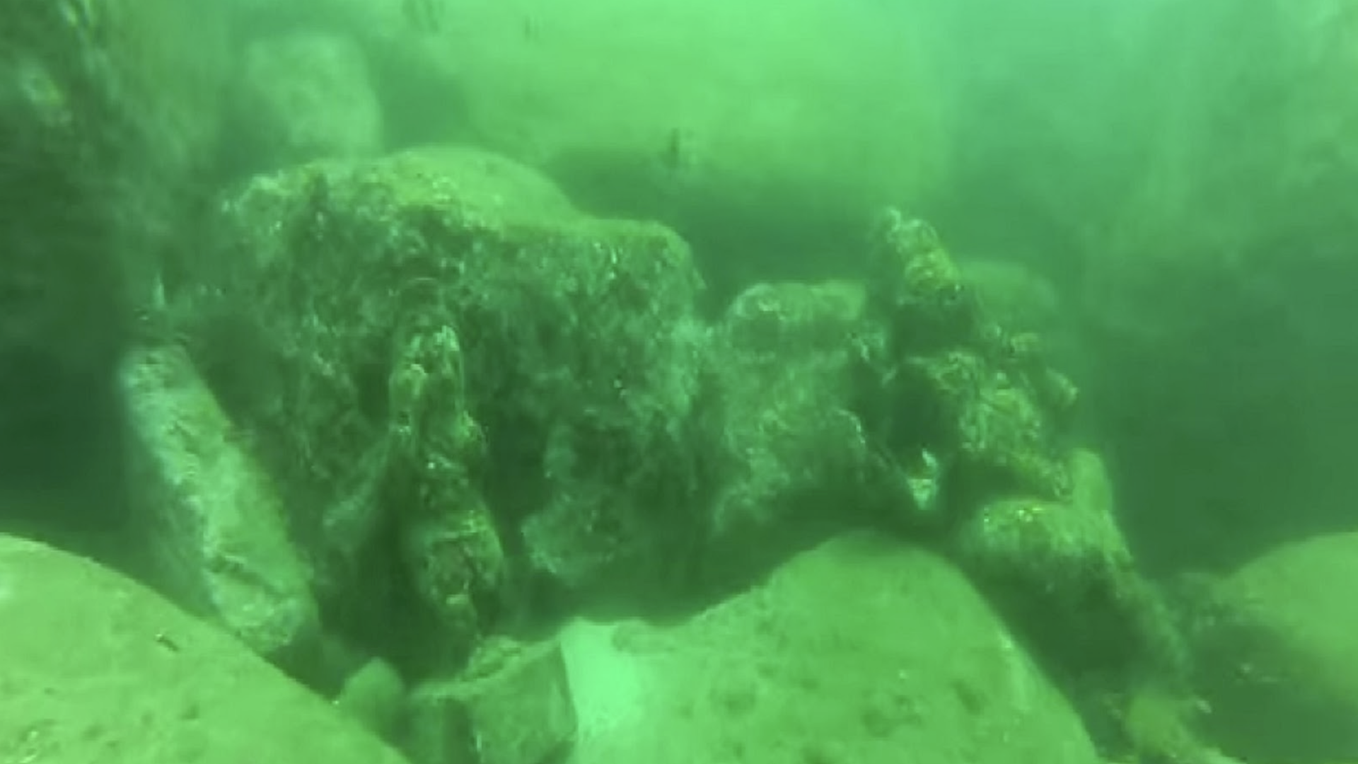 The image displays an underwater scene with a greenish hue, showcasing a large, encrusted statue lying on the ocean floor